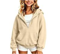 Saxrel Sudadera con capucha y media cremallera para niñas, con bolsillo tipo canguro, 1 beige., 13-14 años
