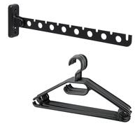 SAYAYO Perchero Pared Plegable de 180°, SUS304 Acero Inoxidable Colgador de Ropa con 8 Perchas de Plástico, Tendederos Plegables de Pared Negro, Colgador Pared para Balcón, Salón, Baño y Armario