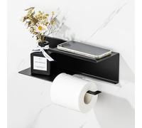 SAYAYO Portarollos Papel Higienico Adhesivo, Porta Rollos de Papel Higienico Negro, Soporte Papel Higienico de Pared con Estante, Accesorios Baño sin Taladro, Aluminio