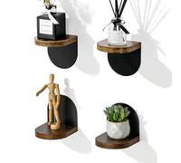 SAYAYO Set de 4 Estanterías de Pared, Estantes Flotantes de Madera con Base Metálica para Objetos Pequeños, Negro Baldas Flotantes Decorativa Rústica para Dormitorio, Salón, 10x10CM, Adhesivo