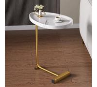 SAYBBON C Shaped Side Table, Small Side Table, Sofa End Table, Nightstand End Table with Metal Stand, C Shaped End Table for Sofa, Bed, Living Room, Bedroom (Color : White Stone Pattern+Gold Stand)