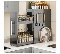 SAYEYBU Especiero Estrecho con CajóN, Estante ExtraíBle para Encimera Cocina con Ganchos MagnéTicos, Estante Pie para Condimentos, para Frascos, Sal, Salsas y Vinagre,Negro,18.5 * 35 * 46cm