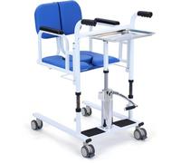 SAYEYBU Silla De Traslado HidráUlica para Pacientes En Casa, Silla De Ruedas PortáTil con Inodoro, Altura Ajustable, Asiento Abatible A 180°, Capacidad De Carga: 200 Kg,Azul,with+Dinner Plate