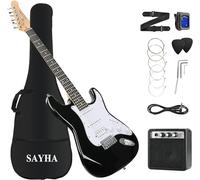 SAYHA Guitarra eléctrica, 39 pulgadas, guitarra eléctrica de tamaño completo, kit de iniciación HSS incluye amplificador, bolsa, sintonizador digital, correa, cuerda, cable, púas (negro)