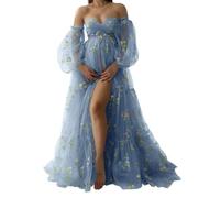SAYNO Vestidos de maternidad de tul bordado de flores para sesión de fotos, mangas abullonadas, batas largas para baby shower, Dusty Azul, 54 Grande