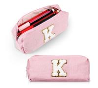 Saypacck Estuche de felpilla para lápices con inicial, estuche para lápices de letras rosas, bolsa de maquillaje personalizada, bolsa de cosméticos preparados, bolsa de lápices con inicial para