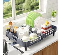 SAYZH Escurreplatos, Escurridor De Platos Extensible(33.5 CM-50 CM) De Gran Capacidad con Soporte Cubiertos Extraíble y Caño De Drenaje Giratorio, para Encimera De Cocina Ahorre Espacio(Gris)