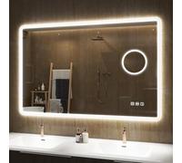 S'bagno Espejo-Baño-con-Luz 100x70cm, Espejo-Baño-Led-Bluetooth con Aumento 5X, Antivaho, 3 Colores, Regulable, Memoria, Vidrio Templado HD, Resistente Al Agua IP44, Vertical/Horizontal