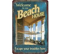 SBKGBIEHG Letreros de metal con texto en inglés "Welcome to Our Beach House", vintage, divertido, bar, club, cueva, hogar, cocina, decoración de pared, 30 x 43 cm