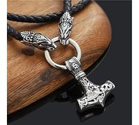 SBRTL Collar Mjolnir de Mitología Nórdica, Colgante de Acero Inoxidable con Martillo Thor Vikingo, Nudo Celta, Cabeza Leopardo, Cadena Cuero, Amuleto Hecho a Mano para Hombres,Plata,60cm