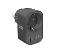 SBS Adaptador de Alimentación USB-C USB-A Multi-Socket, Toma Schuko Pass-Through MAX 3500W, Power Delivery (PD 3.0 PPS) 30W, Carga Rápida, Cargador para iPhone, Android, Tablet y MacBook Neo, Negro