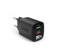SBS - Adaptador de Corriente USB-C LCD de 30 W, Power Delivery (3,0 PPS) | Tecnología GaN, carga rápida, LCD, cargador para iPhone, iPad, AirPods, MacBook Neo, Android, Tableta, Smartphone, Negro