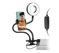 SBS Anillo LED con Dos Brazos articulados y Abrazadera de Mesa, luz cálida, Neutra, fría, 10 Niveles de Intensidad de luz, Mando a Distancia Integrado, Abrazaderas Ajustables de hasta 8,5 cm para