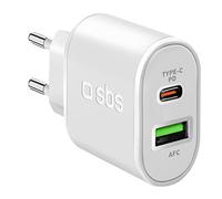 SBS Cargador de Pared de 20 W de Carga ultrarrápida Power Delivery, con 1 Puerto USB-C y 1 USB, Cargador de Pared para iPhone, Samsung, OPPO, Xiaomi, Huawei, e-Reader, Auriculares, Tablet