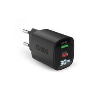 SBS - Cargador multipuerto (30 W, Pantalla LCD, 1 Puerto USB-C y 1 USB-A, Enchufe Europeo, Power Delivery, Ideal para teléfonos Inteligentes Android, iPhone, Tableta, MacBook