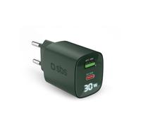 SBS - Cargador multipuerto (30 W, Pantalla LCD, 1 Puerto USB-C y 1 USB-A, Enchufe Europeo, Power Delivery, Ideal para teléfonos Inteligentes Android, iPhone, Tableta, MacBook