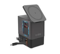 SBS - Estación de Carga (100 W, USB-C, 15 W, Compatible con MagSafe, Power Delivery (PD 3.0 PPS), 2 Cables retráctiles, alimentación para Ordenador portátil, iPhone, AirPods, Color Negro