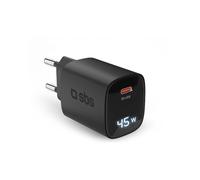 SBS Fuente de Alimentación LCD 45W USB-C, Tecnología GAN, Power Delivery (PD 3.0 PPS), Carga Rápida, Pantalla LCD, Cargador para iPhone, AirPods, MacBook, Portátil, Android, Tablet, Smartphone, Negro