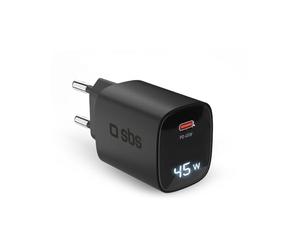 SBS Fuente de Alimentación LCD 45W USB-C, Tecnología GAN, Power Delivery (PD 3.0 PPS), Carga Rápida, Pantalla LCD, Cargador para iPhone, AirPods, MacBook, Portátil, Android, Tablet, Smartphone, Negro