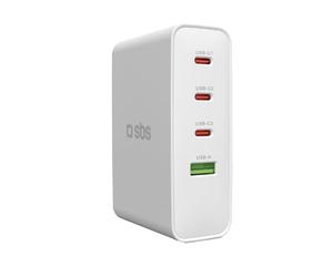 SBS Travel Adapter USB-C 100W, Cargador de Viaje con Enchufes US/UK/EU/AU, Convertidor Adaptador 4 Puertos USB, Power Delivery (PD), Carga Rápida para iPhone, Android, MacBook y Portátil, Blanco
