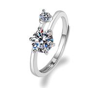 SBZIOJHDR anillo de mujer, Anillo de oro blanco 9 quilates for mujer, ajustable, doble moissanita redonda(T 1/2)