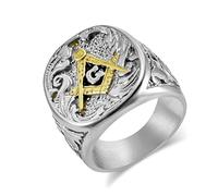 SBZIOJHDR anillos para hombre, Anillo de sello masónico, herencia la masonería, acero titanio, oro bicolor con volutas históricas canteros(Silver,U)