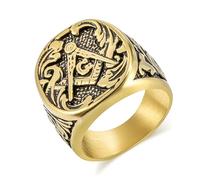 SBZIOJHDR anillos para hombre, Anillo de sello masónico, herencia la masonería, acero titanio, oro bicolor con volutas históricas canteros(Gold,S)