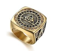 SBZIOJHDR anillos para hombre, Anillo Ojo de la Providencia Masónico con Cristales Brillantes y Acero Titanio Dorado Compás Escuadra - Ocultismo Masculino(Q)