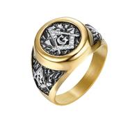 SBZIOJHDR anillos para hombre, Anillo vintage de acero titanio con circonitas cúbicas engastadas y el símbolo la G en escuadra compás(M)