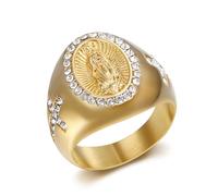 SBZIOJHDR anillos para hombre, Cruz cuadrada de Jesús y ovalada la Virgen María, acero inoxidable chapado en oro con circonitas cúbicas laterales(Mary,O)