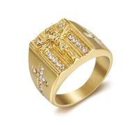 SBZIOJHDR anillos para hombre, Cruz cuadrada de Jesús y ovalada la Virgen María, acero inoxidable chapado en oro con circonitas cúbicas laterales(Jesus,W)
