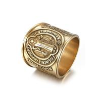 SBZIOJHDR anillos para hombre, Medalla benedictina de acero titanio con imagen San Benito, diseño lateral, amuleto religioso for exorcismos(Gold,U)