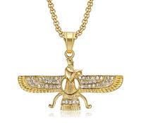SBZIOJHDR Collar, Collar Faravahar del antiguo zoroastrismo persa, colgante alado con incrustaciones de cristal y acero titanio chapado(Gold)