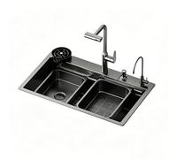 SC Fregadero De Cocina Multifuncional De Acero Inoxidable, Equipado Con Grifo Extraíble, Tabla De Cortar Y Lavavasos(A)