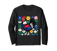 Scandi Folk Art Gallo Diseño Granjero Pollo Manga Larga