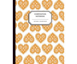 Scandinavian Folk Art Heart Notebook - 8x10” - 100 College Ruled Pages - Traditional Nordic Orange Heart Pattern on White for Writing, Journaling & School