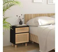 Scandinavian Nightstand with Rattan Door - Solid Pine Wood Bedside Table with Drawer Storage Shelf, Black Finish for Modern & Rustic Bedrooms, 40x30x50cm