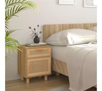 Scandinavian Nightstand with Rattan Door - Solid Pine Wood Bedside Table with Drawer Storage Shelf Brown Natural Rattan Plywood - 40x30x50cm for Bedroom Decor
