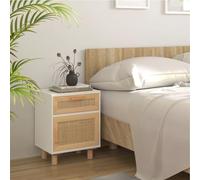 Scandinavian Nightstand with Rattan Door - Solid Pine Wood White Bedside Table with Drawer & Storage Compartment, Natural Rattan Design for Modern Bedroom Decor (40x30x50cm)