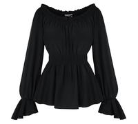 SCARLET DARKNESS Blusa medieval para mujer, manga larga, hombros descubiertos, cintura elástica, blusa con volantes, Negro , XXL