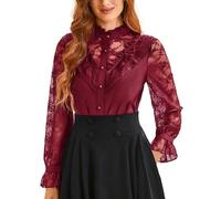 SCARLET DARKNESS Camisa de encaje victoriana para mujer, cuello alto con volantes, estilo medieval, rojo vino, L