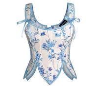 SCARLET DARKNESS Corsé medieval estilo cottagecore para damas de vestir, estilo retro, con corpiño de encaje y flores azules, talla 40