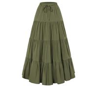 Scarlet Darkness - Falda larga fluida estilo bohemio para mujer con cintura elástica y cordón de ajuste - Falda acampanada con volantes y bolsillos, verde oliva, S