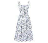 SCARLET DARKNESS Vestido de verano para mujer, espaguetis, largo, bohemio, vintage, vestido de campo Milkmaid, Flores azules y blancas oscuras, S