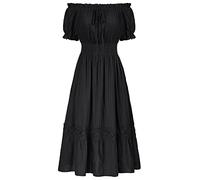 SCARLET DARKNESS Vestido renacentista de mujer con hombros descubiertos, mangas abullonadas, cintura ahumada, vestido de algodón, Negro , L