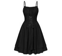 SCARLET DARKNESS Vestido Victoriano con Volantes y Bolsillos, Elegante Disfraz de Elfo de Lino, Color Negro S