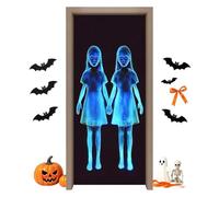 Scary Door Cover - Haunted Twin Sisters Backdrop, Creepy Entry Tapestry | Twin Girl Horror Graphics | Apartment Entryway Porch, Large Polyester Hanging Sheet Festive Background Party Decor Screen