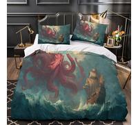 Scary Red Sea Monster Attacks A Ship Funda De Edredón 3D, Juego De Ropa De Cama De Microfibra con Fundas De Almohada,Impresión,para Adultos Y Adolescentes Super King（260x220cm）