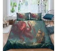 Scary Red Sea Monster Attacks A Ship Juego De Cama, Funda De Edredón De Microfibra con Impresión 3D,con Funda De Almohada para Niños Y Adultos King（220x240cm）