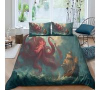 Scary Red Sea Monster Attacks A Ship Juegos De Ropa De Cama Impresión 3D,Microfibra Funda De Edredón Y Fundas De Almohada 3 Unidades para Niños Y Adultos Double（200x200cm）